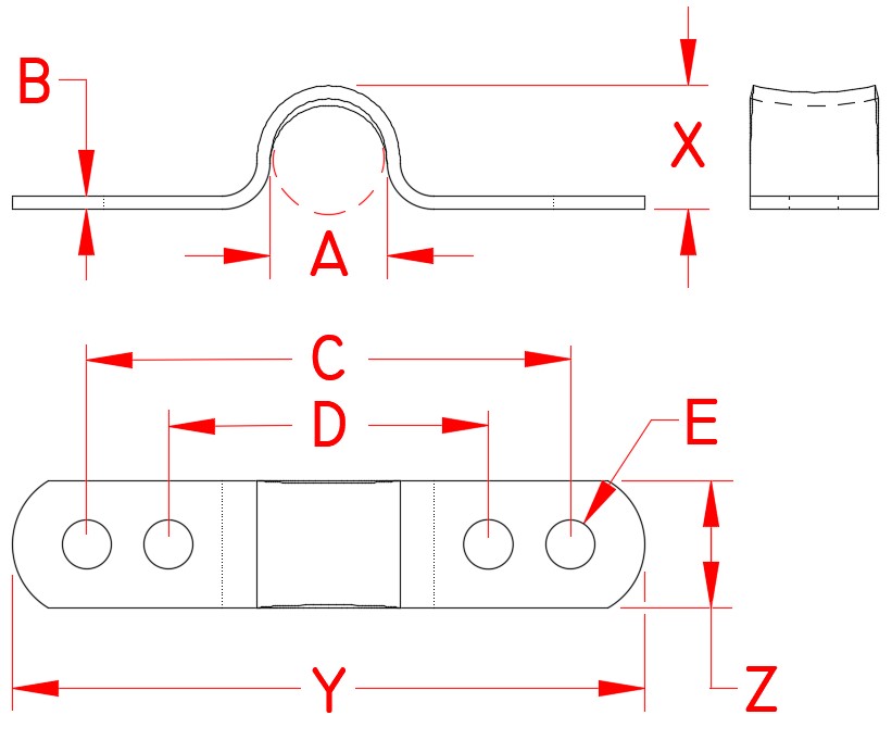 Stainless Steel 4 Hole Eye Strap, S3709-0010, S3709-0013, S3709-0016, Line Drawing Stainless Steel 4 Hole Eye Strap, S3709-0010, S3709-0013, S3709-0016, Line Drawing